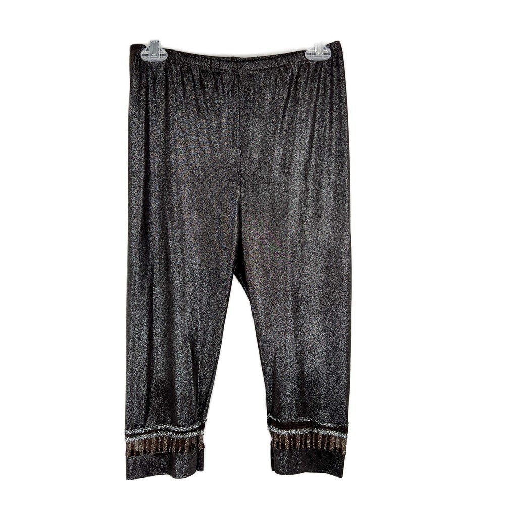 SNP Leggings Women Large Brown Cropped Embellished Mesh Hem Sparkly Metallic